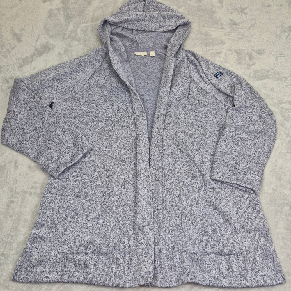 LL Bean Longer Sweater Blue Marled Hooded Open Front Cardigan Sweater Women's L